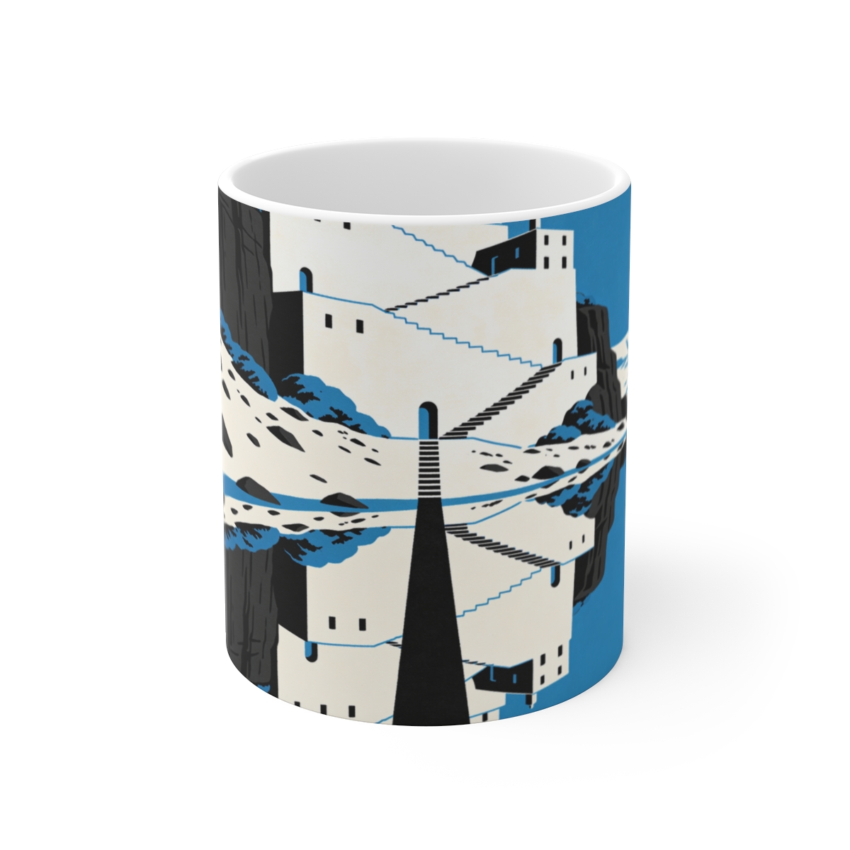 HD Terraced cliff dwelling reflected across a narrow dark channel Ceramic Mug 11oz