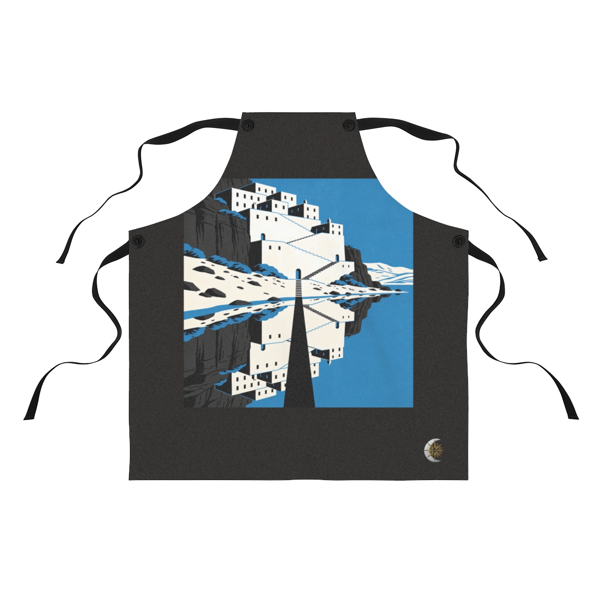 HD Terraced cliff dwelling reflected across a narrow dark channel Polyester Kitchen Apron