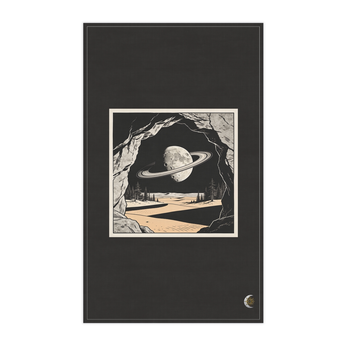 HD Cratered ringed moon seen through a jagged foreground rock opening 100% Cotton Twill Tea Towel