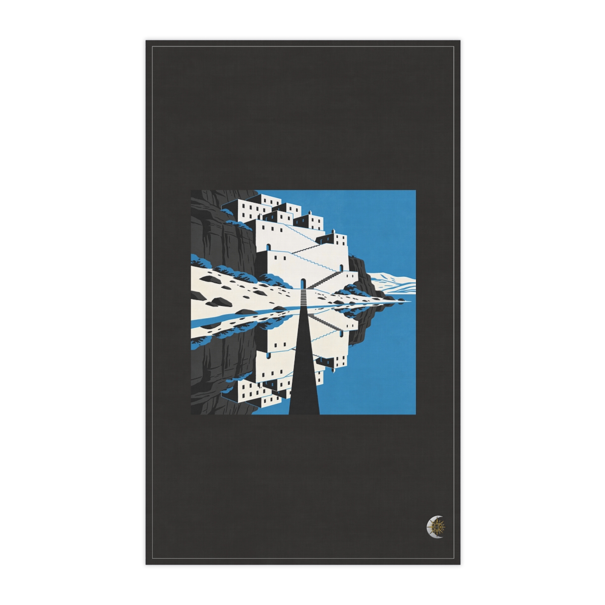 HD Terraced cliff dwelling reflected across a narrow dark channel 100% Cotton Twill Tea Towel