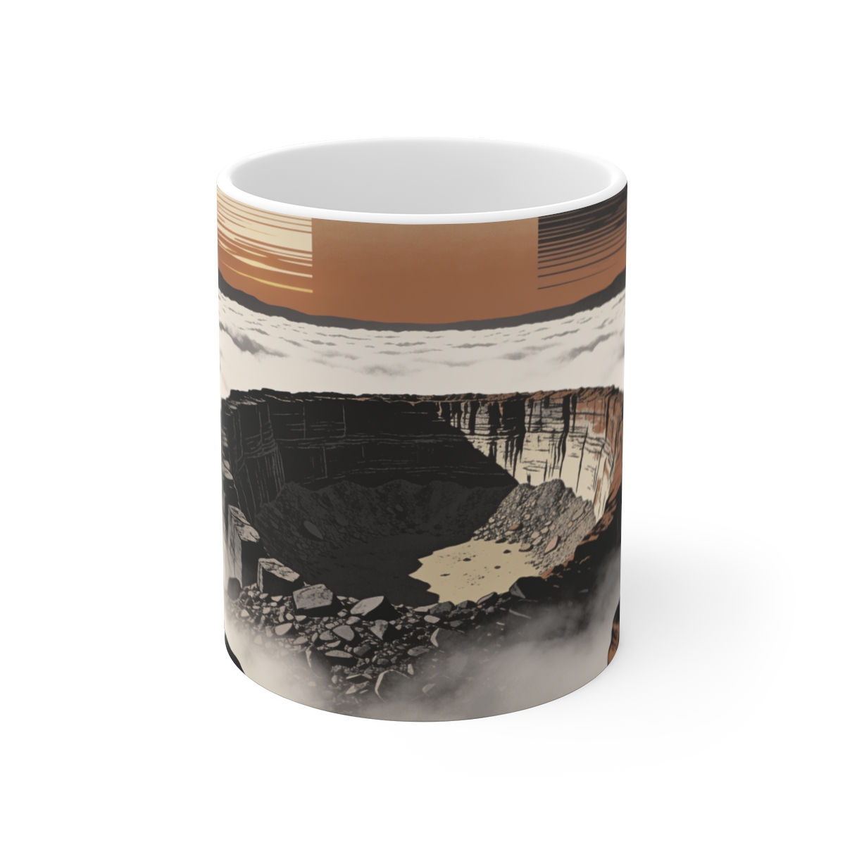 HD Basalt amphitheater rising above a broad belt of fog Ceramic Mug 11oz
