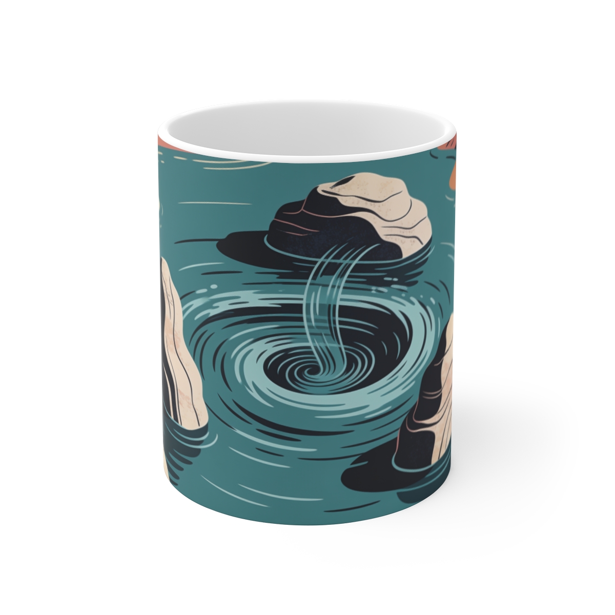 HD Spiral whirlpool flowing between three sculptural stone masses Ceramic Mug 11oz