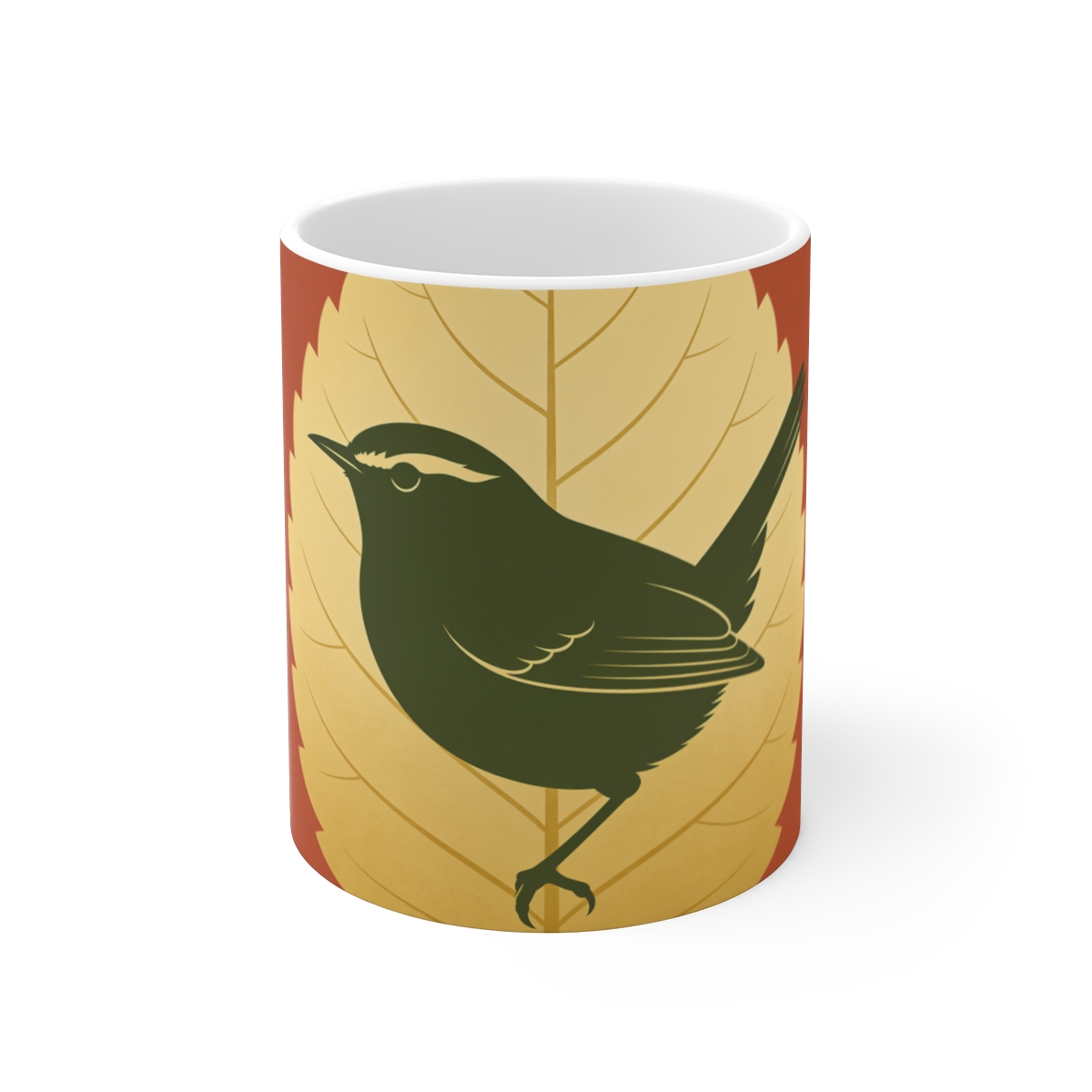 HD Wren framed by one oversized leaf Ceramic Mug 11oz