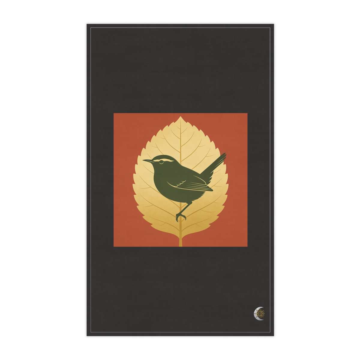 HD Wren framed by one oversized leaf 100% Cotton Twill Tea Towel