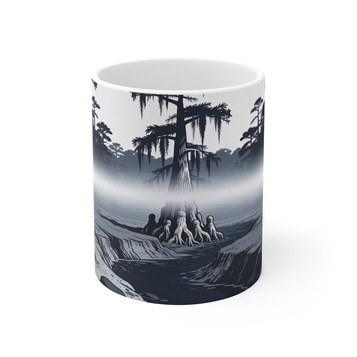 HD Cypress-knee cluster rising through a horizontal fog bank Ceramic Mug 11oz