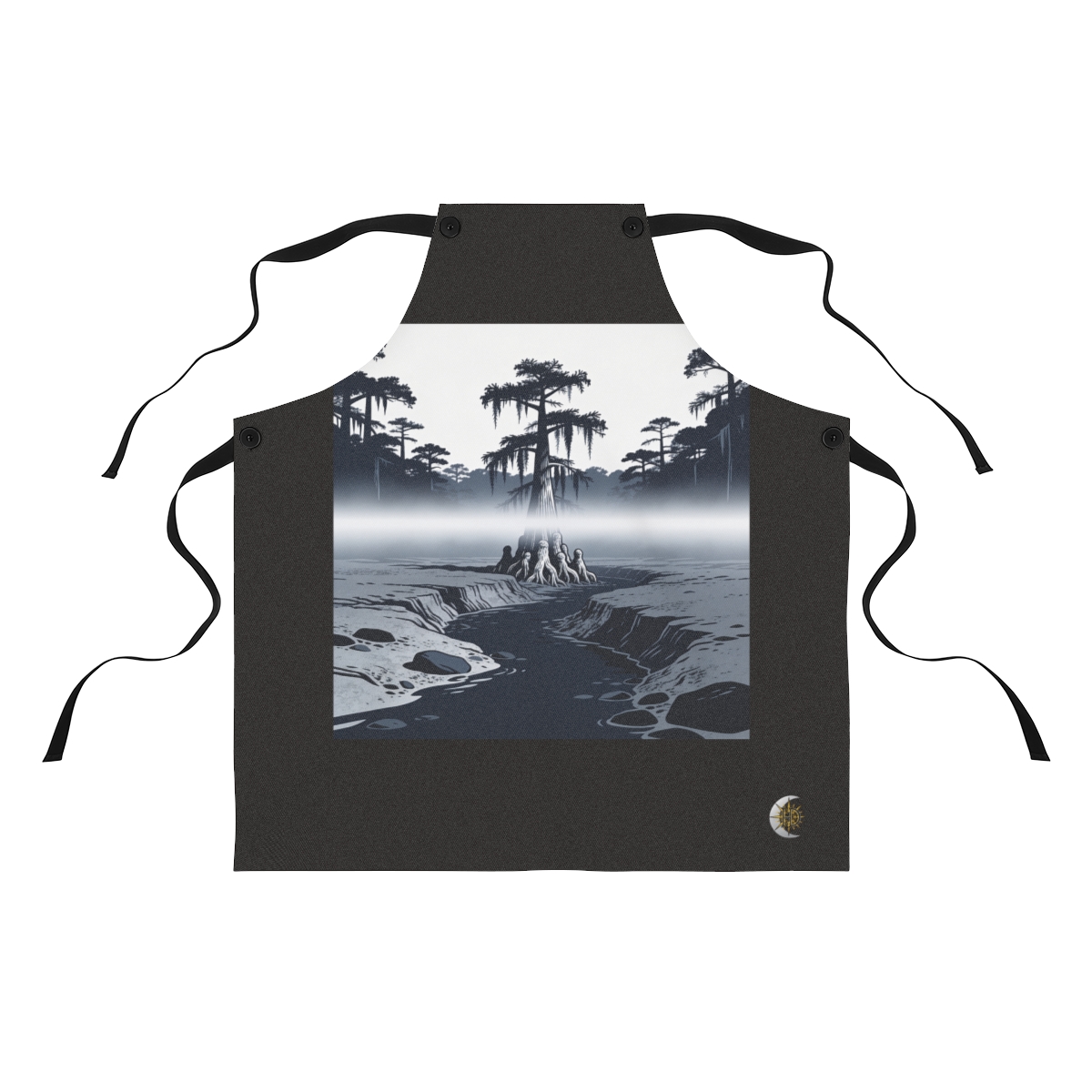 HD Cypress-knee cluster rising through a horizontal fog bank Polyester Kitchen Apron