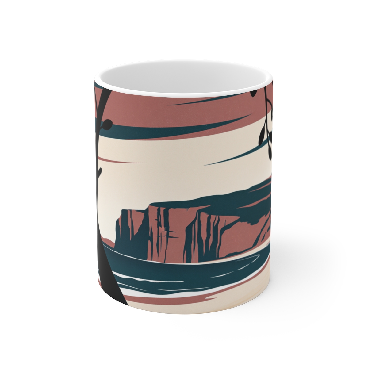 HD Low coastal cliffs framed by one foreground branch Ceramic Mug 11oz