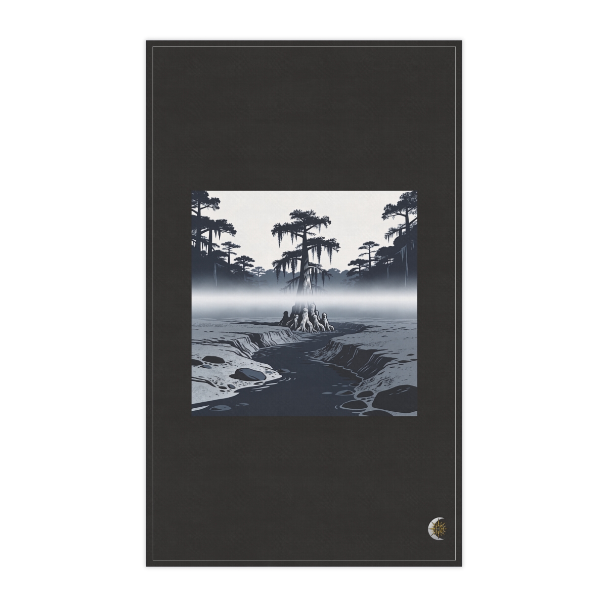 HD Cypress-knee cluster rising through a horizontal fog bank 100% Cotton Twill Tea Towel