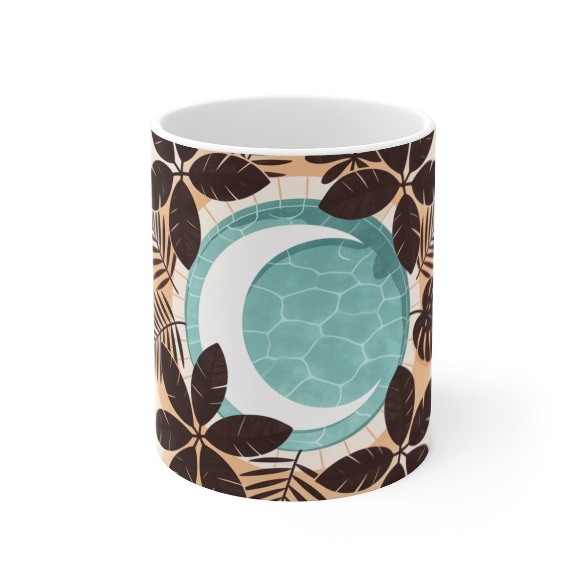 HD Crescent lagoon framed by overlapping leaf silhouettes Ceramic Mug 11oz