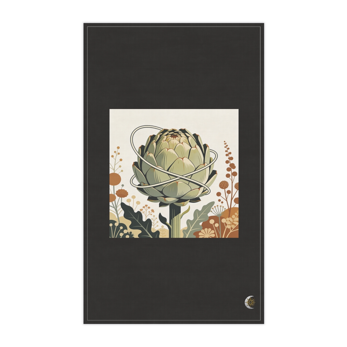 HD Artichoke bloom interwoven with a single looping wind line 100% Cotton Twill Tea Towel