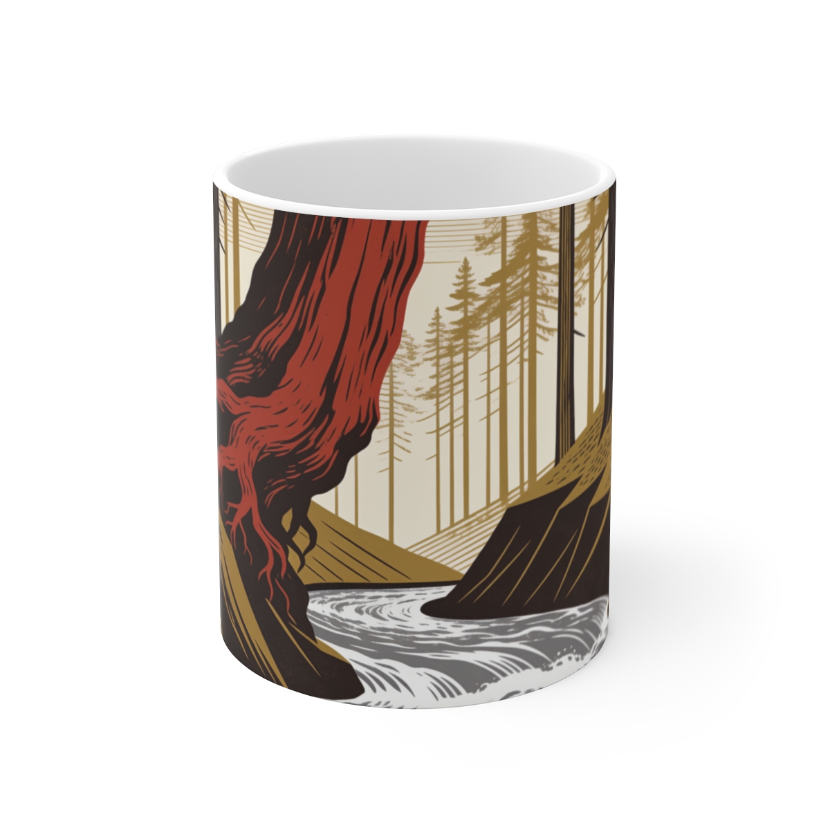 HD Redwood root flare leaning above a swift river bend Ceramic Mug 11oz