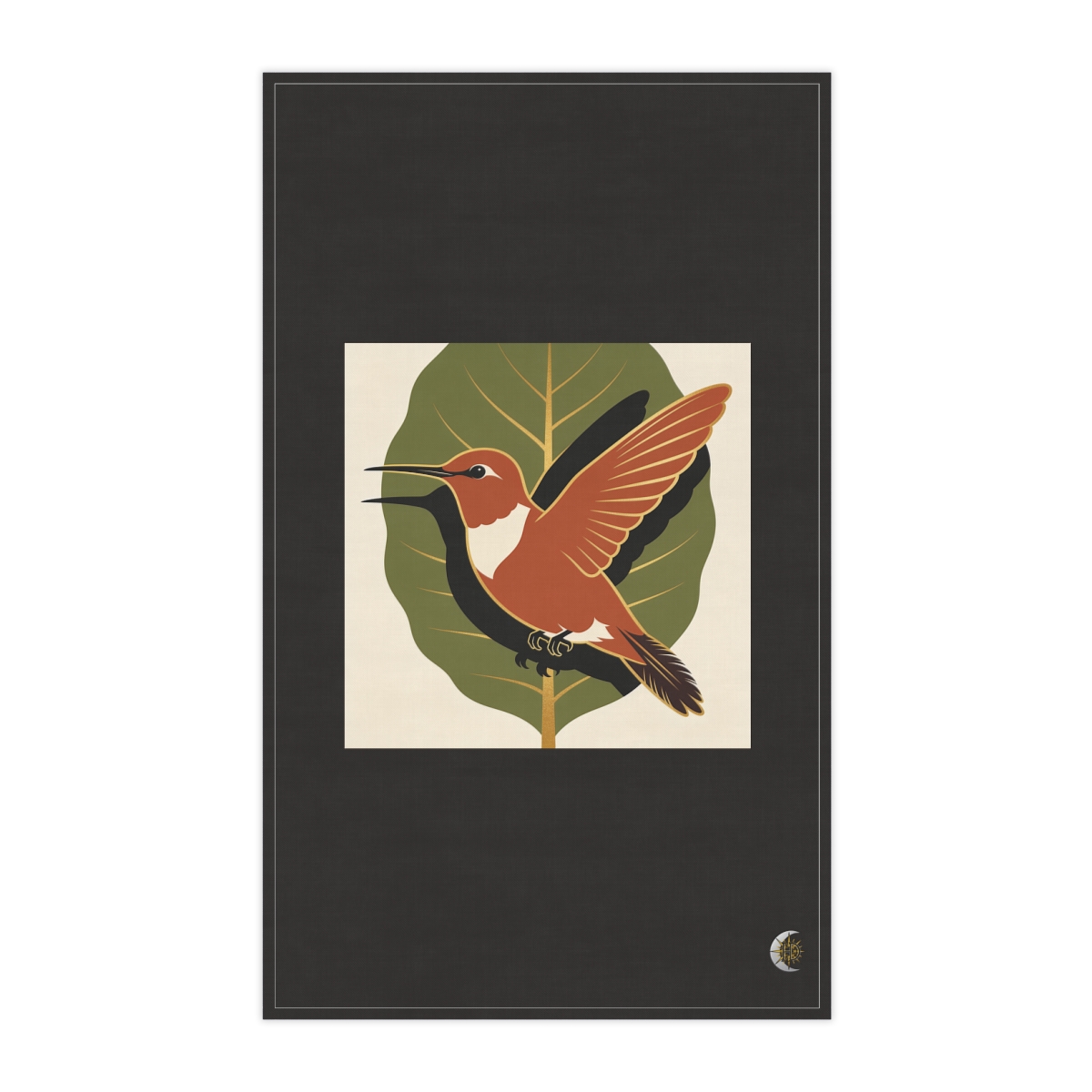 HD Hummingbird framed by one oversized leaf 100% Cotton Twill Tea Towel