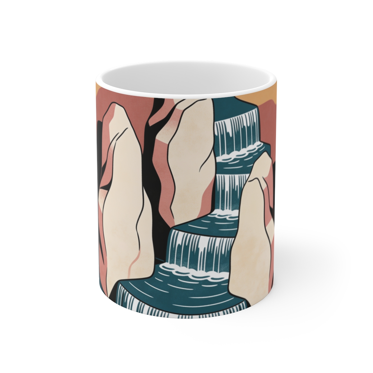 HD Stepped waterfall flowing between three sculptural stone masses Ceramic Mug 11oz