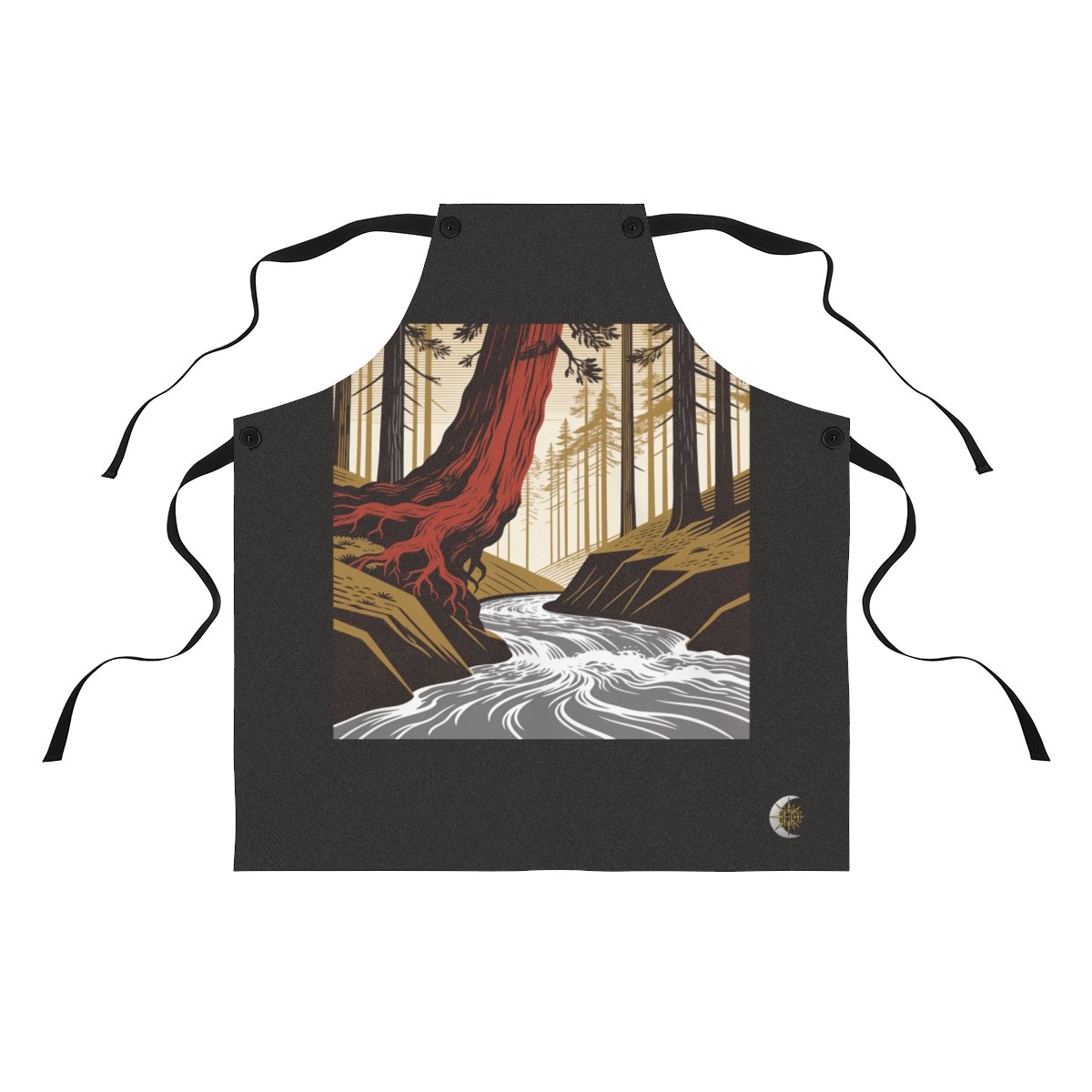 HD Redwood root flare leaning above a swift river bend Polyester Kitchen Apron