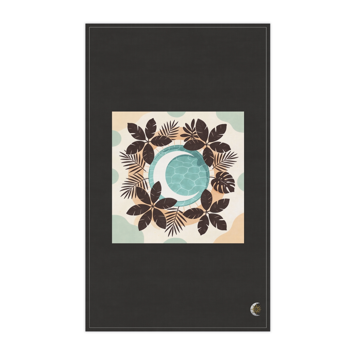 HD Crescent lagoon framed by overlapping leaf silhouettes 100% Cotton Twill Tea Towel
