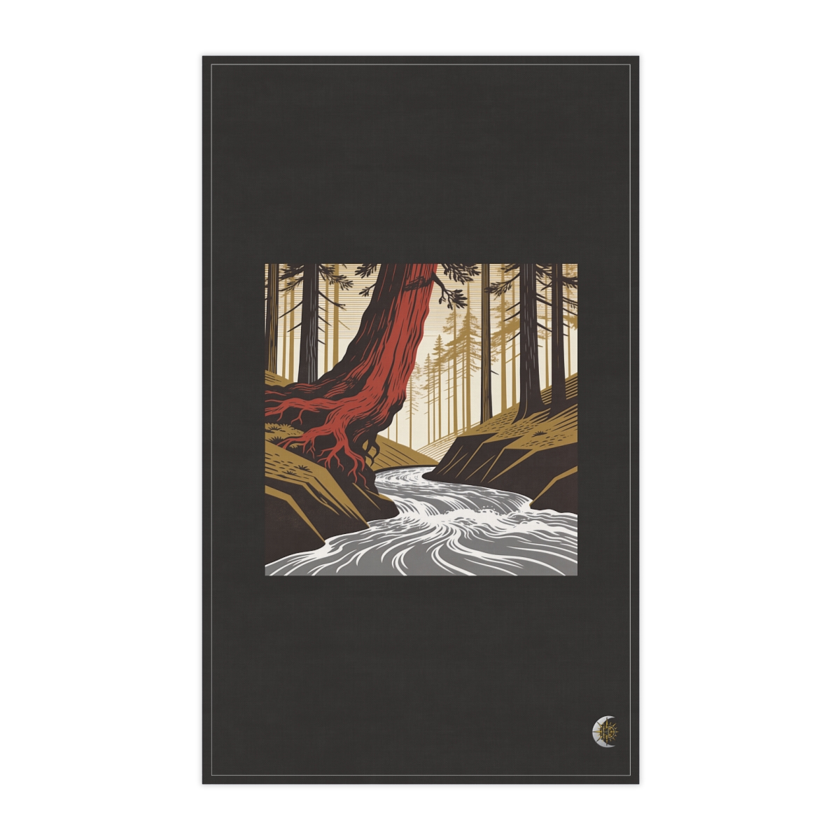 HD Redwood root flare leaning above a swift river bend 100% Cotton Twill Tea Towel