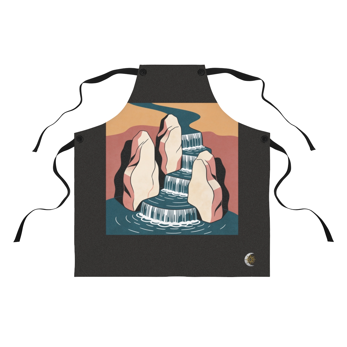 HD Stepped waterfall flowing between three sculptural stone masses Polyester Kitchen Apron