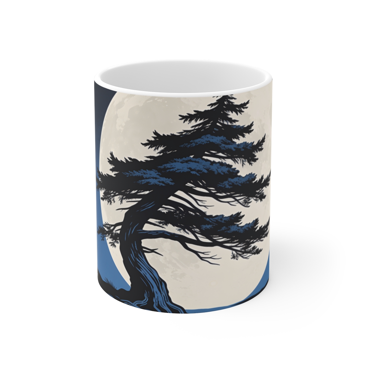 HD Wind-bent cedar isolated against a large low moon Ceramic Mug 11oz