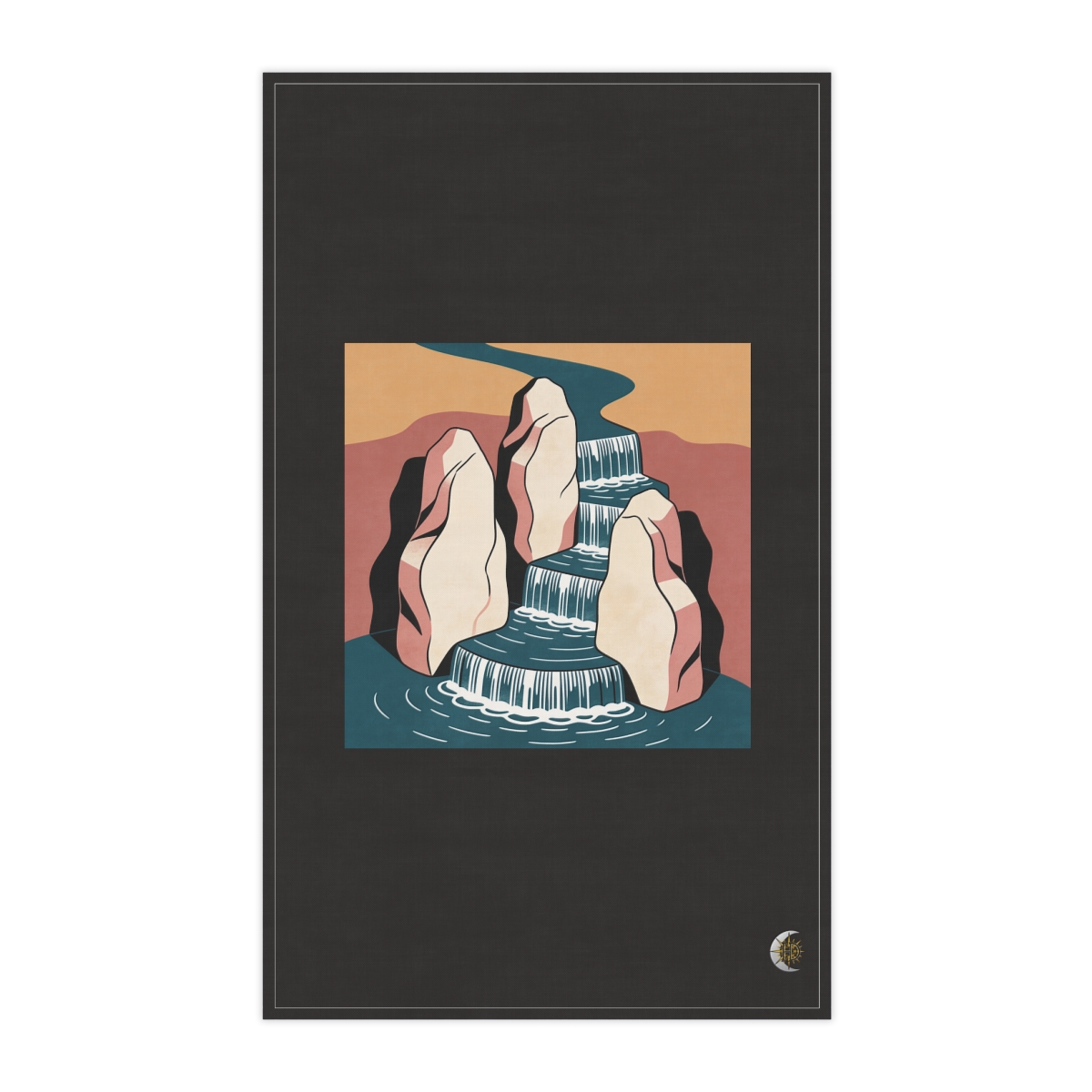 HD Stepped waterfall flowing between three sculptural stone masses 100% Cotton Twill Tea Towel