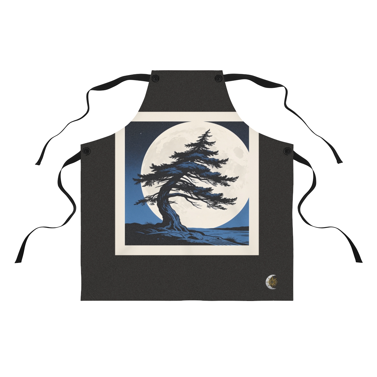 HD Wind-bent cedar isolated against a large low moon Polyester Kitchen Apron