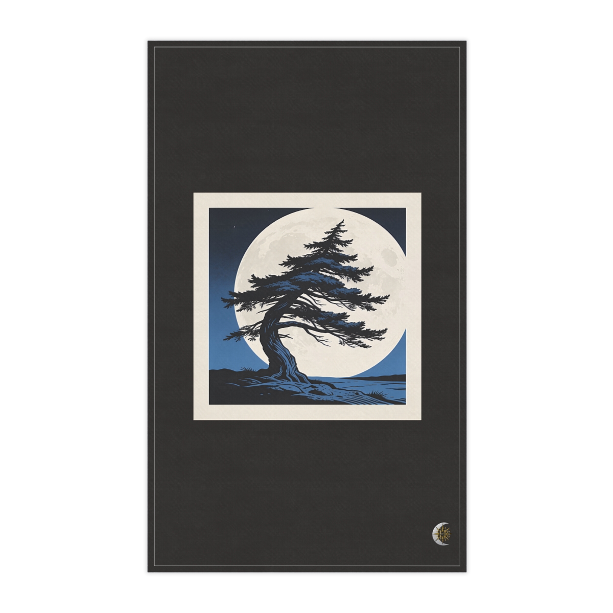 HD Wind-bent cedar isolated against a large low moon 100% Cotton Twill Tea Towel