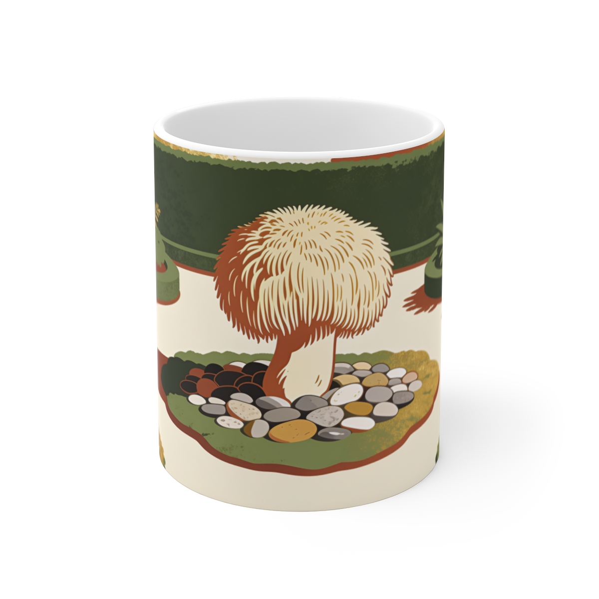 HD Lion's-mane fungus rising from an island of smooth pebbles Ceramic Mug 11oz