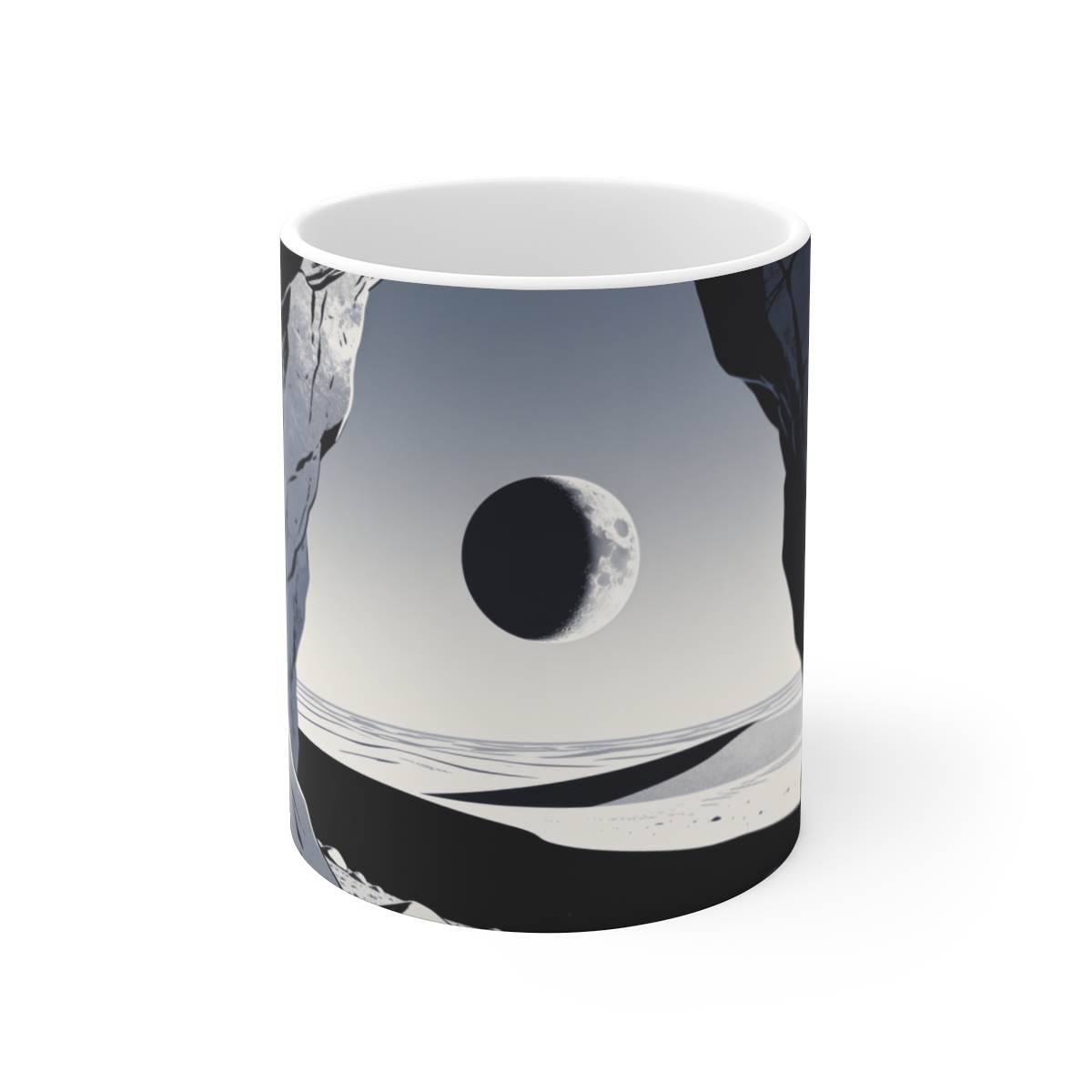 HD Dark eclipsing moon seen through a jagged foreground rock opening Ceramic Mug 11oz