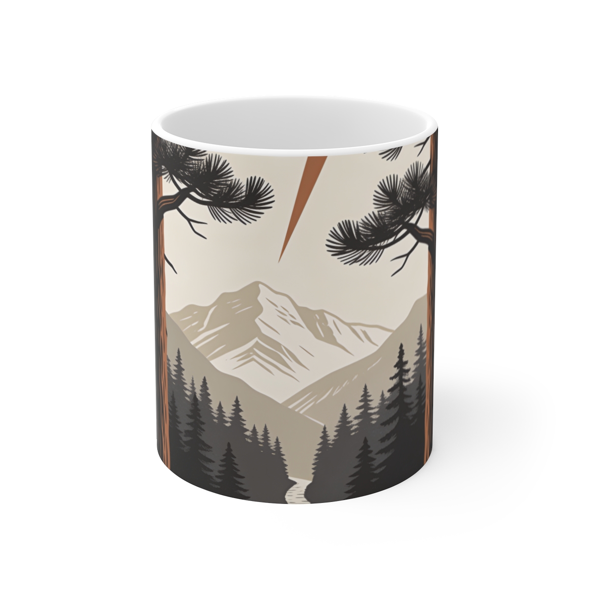 HD Lightning-split pine framing a narrow distant mountain pass Ceramic Mug 11oz
