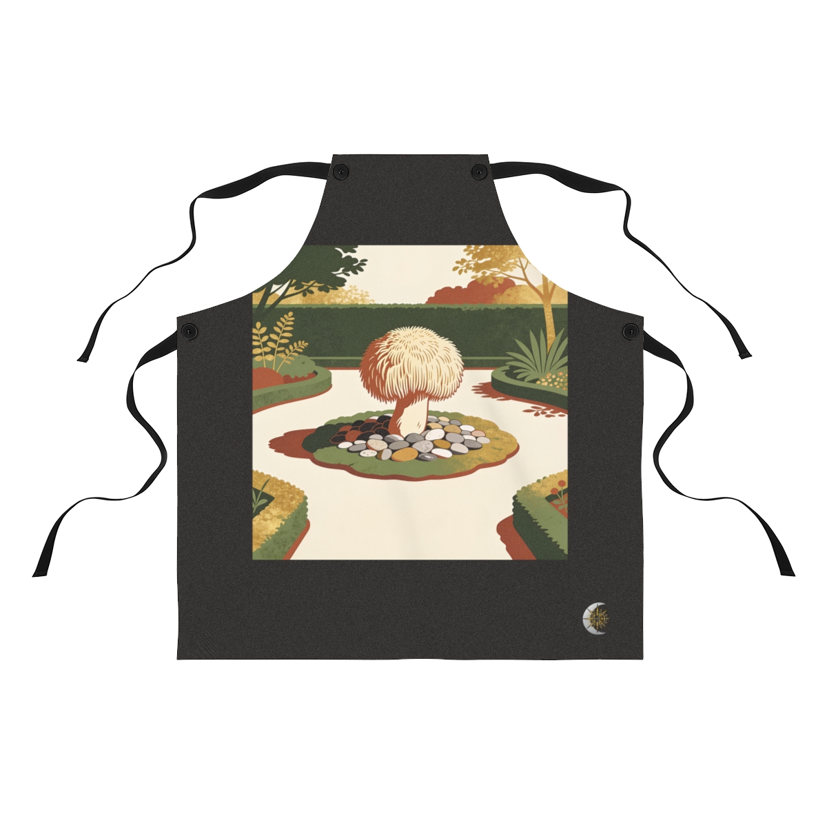 HD Lion's-mane fungus rising from an island of smooth pebbles Polyester Kitchen Apron