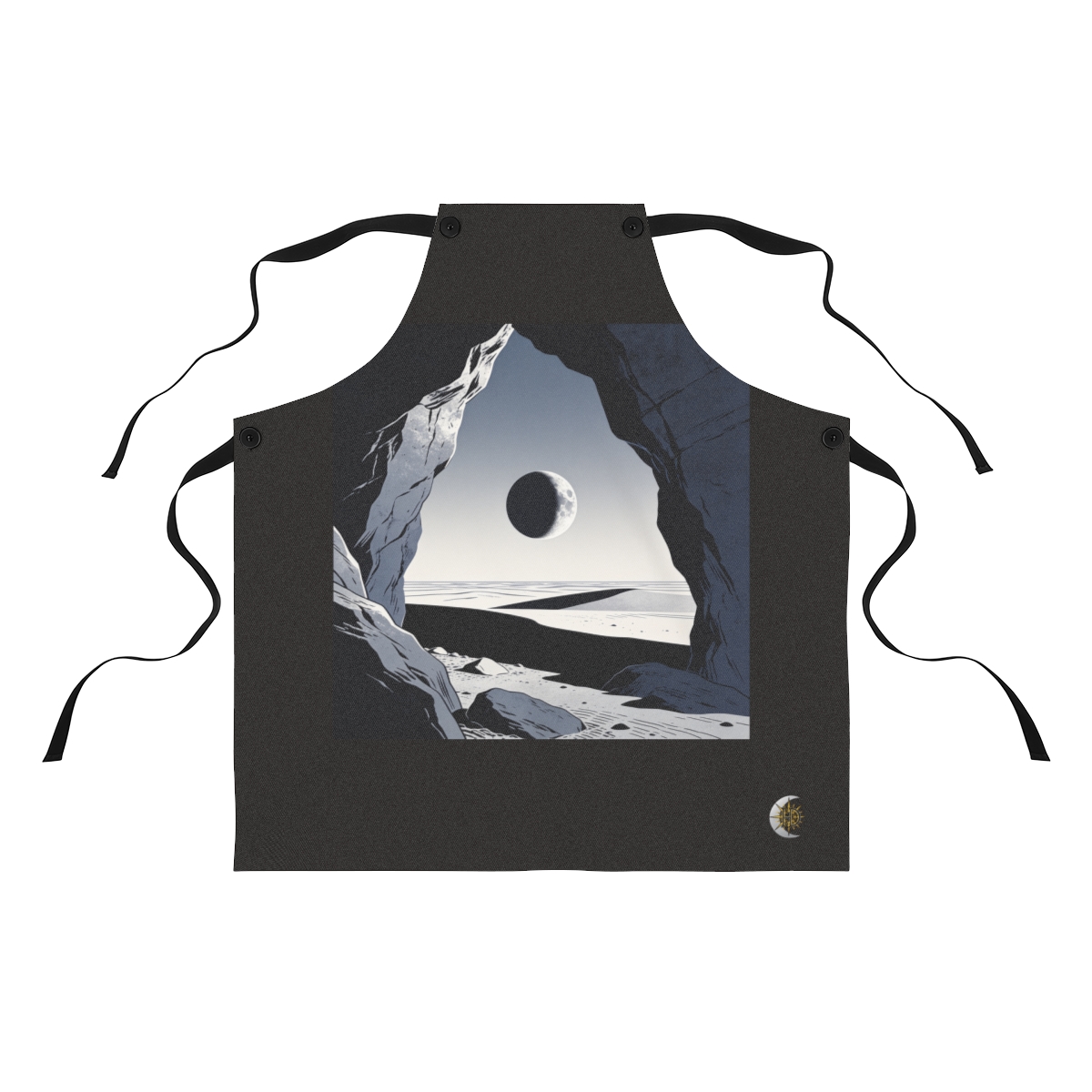 HD Dark eclipsing moon seen through a jagged foreground rock opening Polyester Kitchen Apron