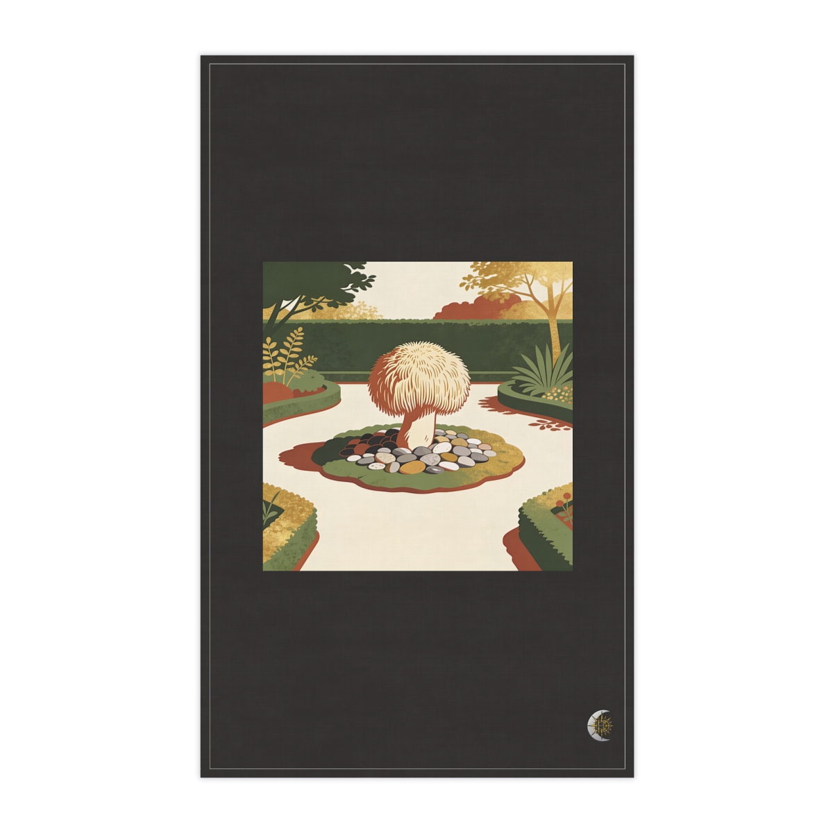 HD Lion's-mane fungus rising from an island of smooth pebbles 100% Cotton Twill Tea Towel