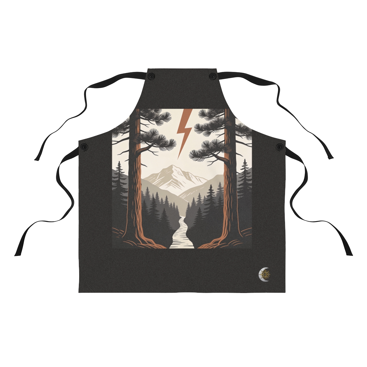 HD Lightning-split pine framing a narrow distant mountain pass Polyester Kitchen Apron