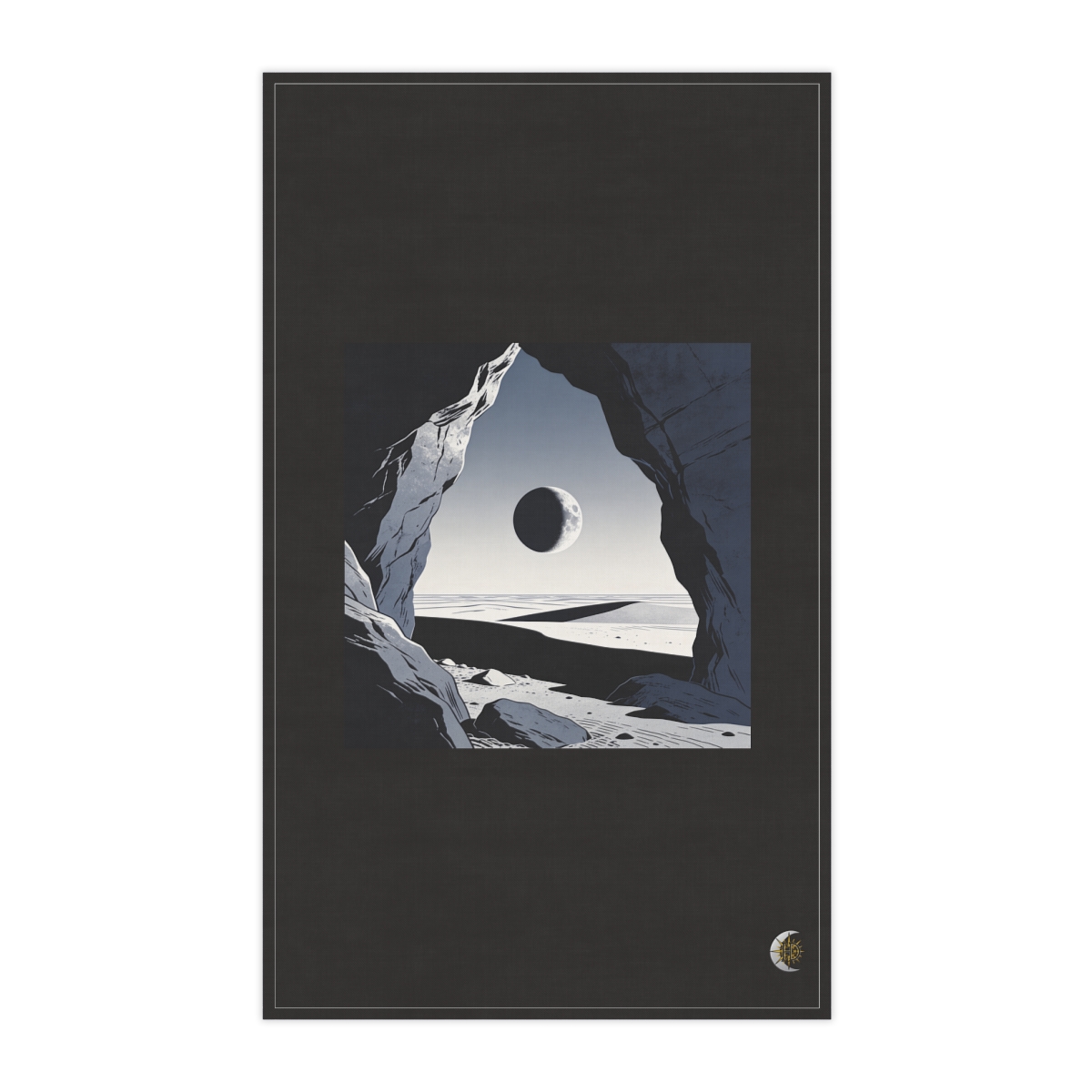 HD Dark eclipsing moon seen through a jagged foreground rock opening 100% Cotton Twill Tea Towel