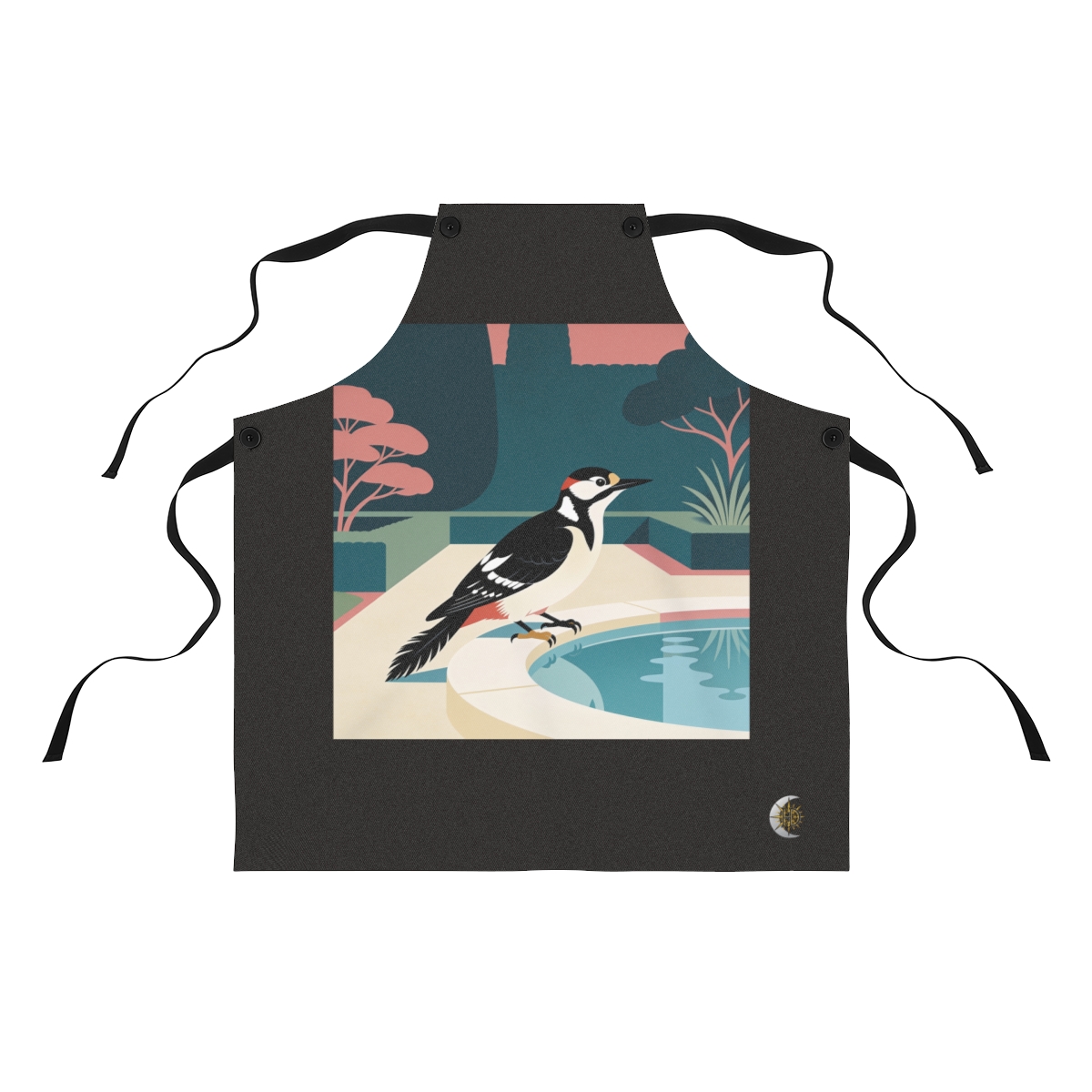 HD Woodpecker pausing beside a reflective pool Polyester Kitchen Apron