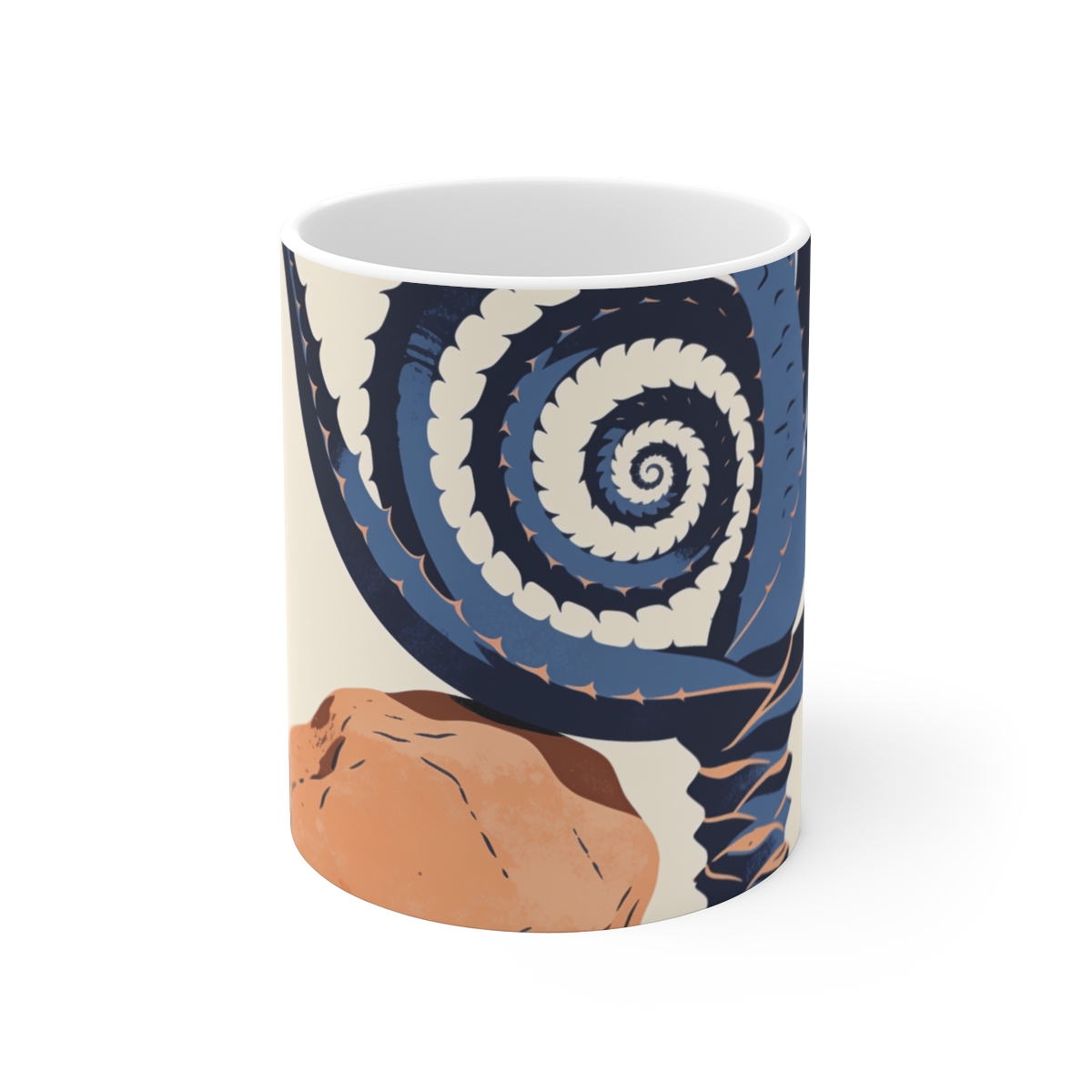 HD Spiral aloe balanced beside an irregular clay-colored rock Ceramic Mug 11oz