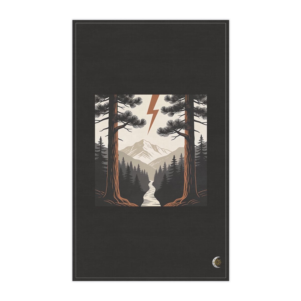 HD Lightning-split pine framing a narrow distant mountain pass 100% Cotton Twill Tea Towel