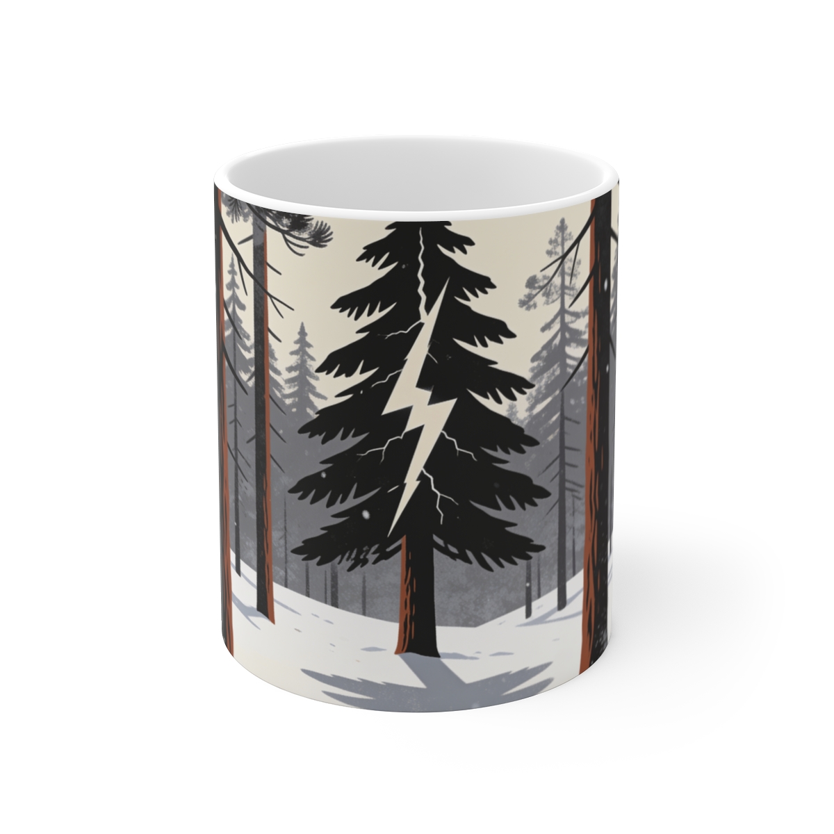 HD Lightning-split pine crossing an illustrated graphic shadow over snow Ceramic Mug 11oz