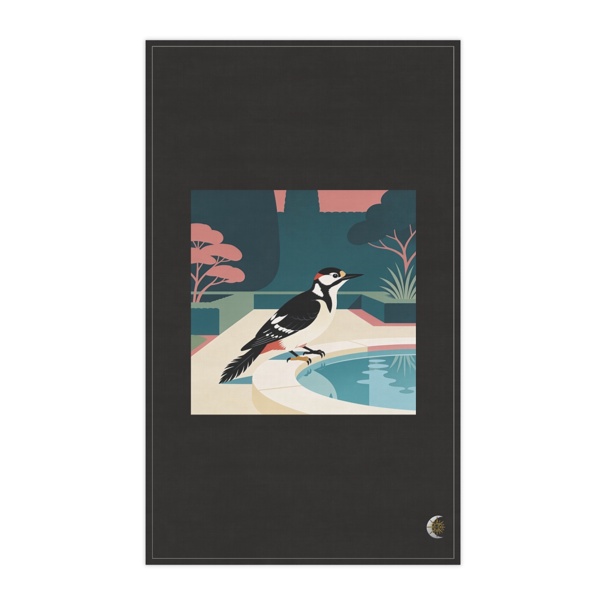 HD Woodpecker pausing beside a reflective pool 100% Cotton Twill Tea Towel