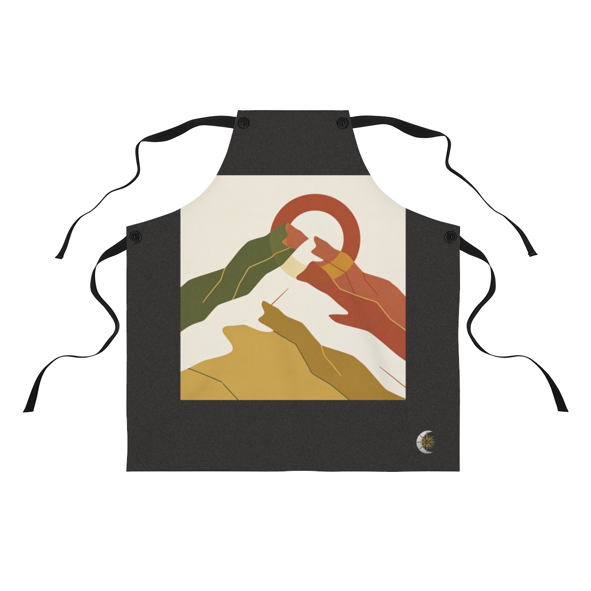 HD Sun behind a mountain arranged as overlapping flat color shapes Polyester Kitchen Apron