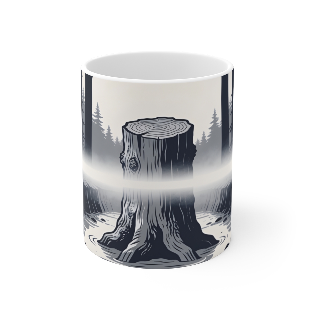 HD Oak stump rising through a horizontal fog bank Ceramic Mug 11oz