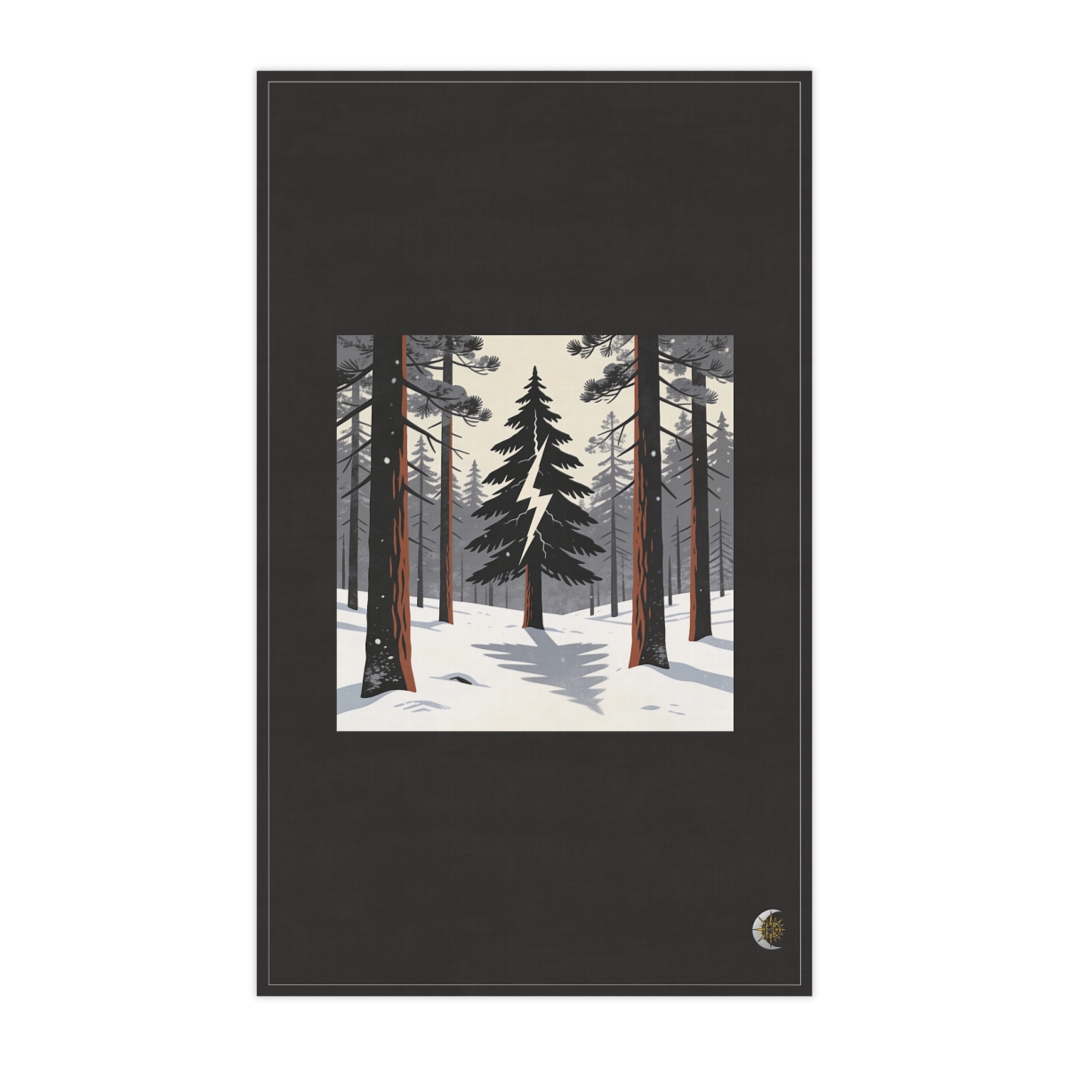 HD Lightning-split pine crossing an illustrated graphic shadow over snow 100% Cotton Twill Tea Towel