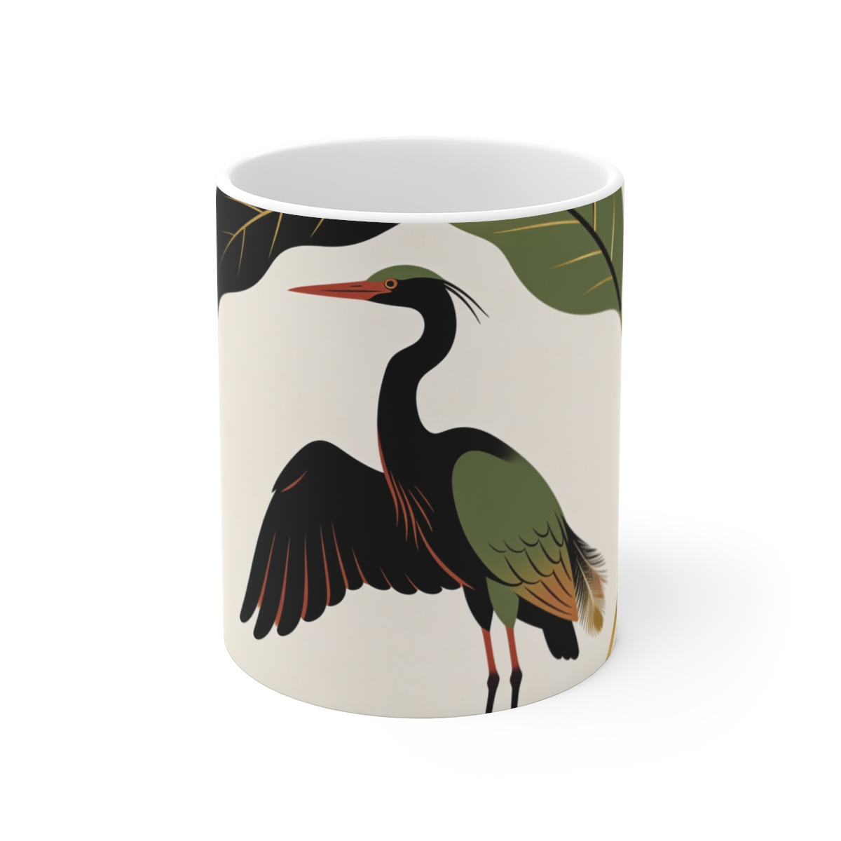 HD Heron framed by one oversized leaf Ceramic Mug 11oz