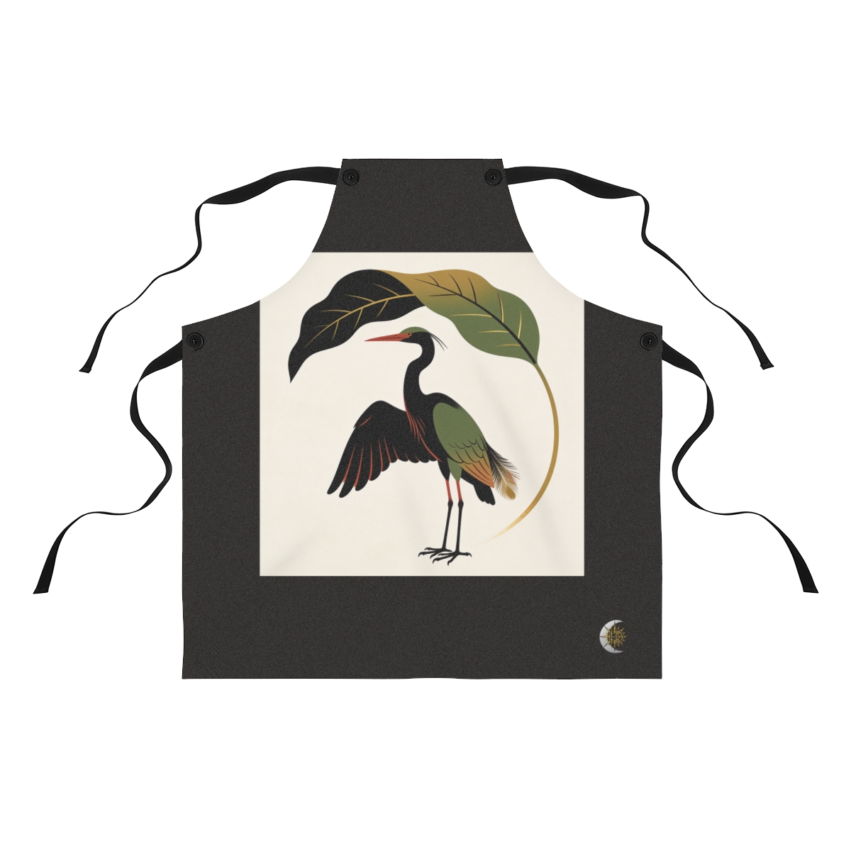 HD Heron framed by one oversized leaf Polyester Kitchen Apron