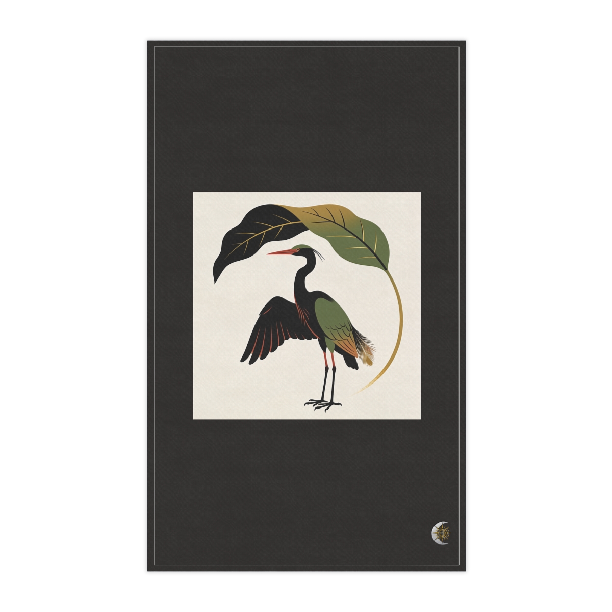 HD Heron framed by one oversized leaf 100% Cotton Twill Tea Towel