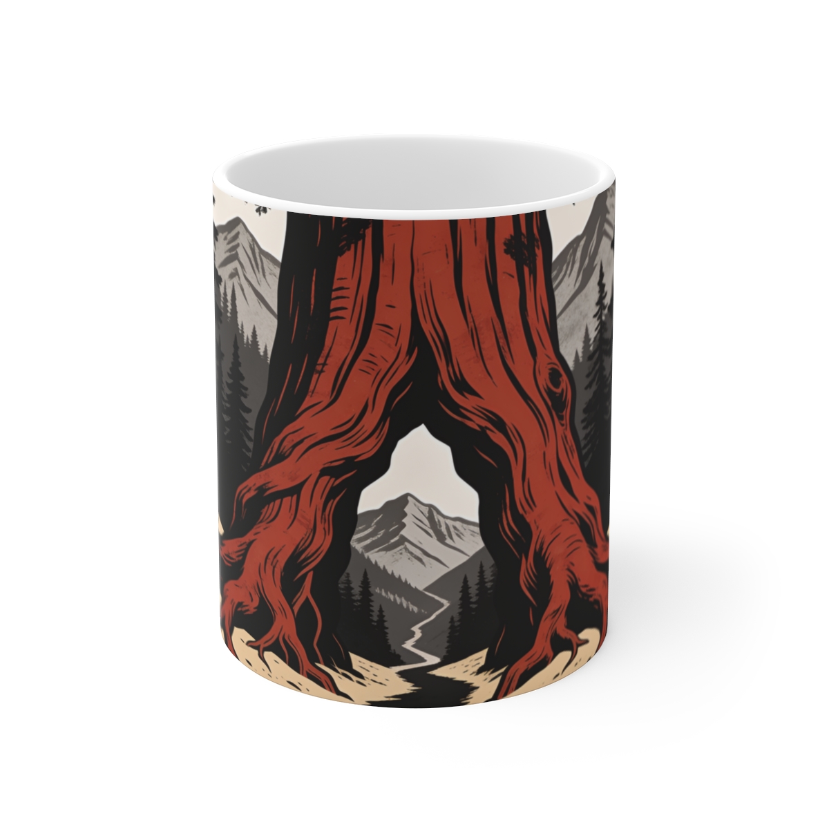 HD Redwood root flare framing a narrow distant mountain pass Ceramic Mug 11oz