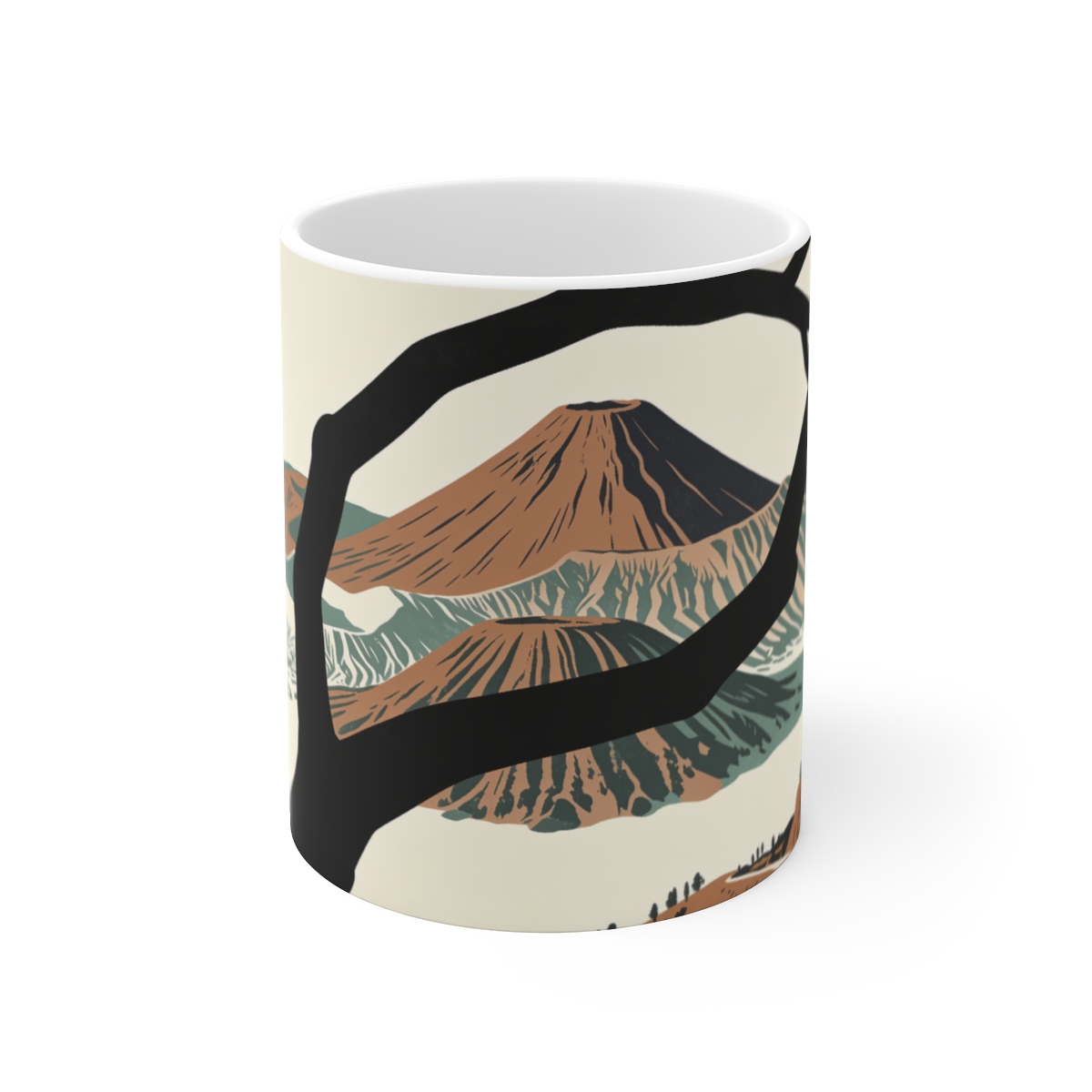 HD Rounded volcano framed by one foreground branch Ceramic Mug 11oz