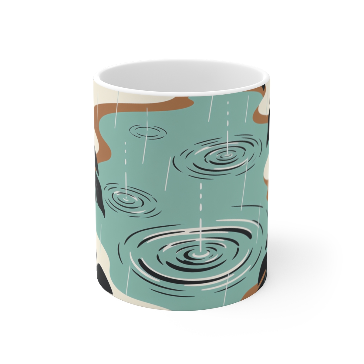HD Rain rings on water framed by overlapping leaf silhouettes Ceramic Mug 11oz