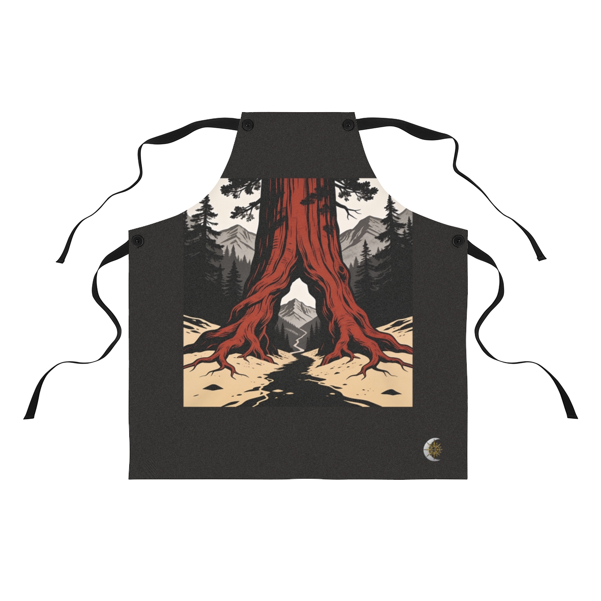 HD Redwood root flare framing a narrow distant mountain pass Polyester Kitchen Apron
