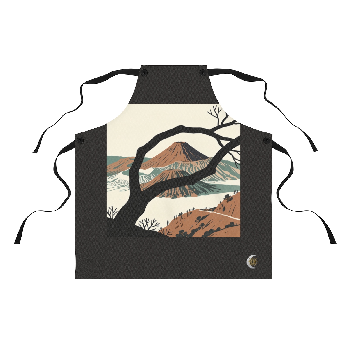 HD Rounded volcano framed by one foreground branch Polyester Kitchen Apron