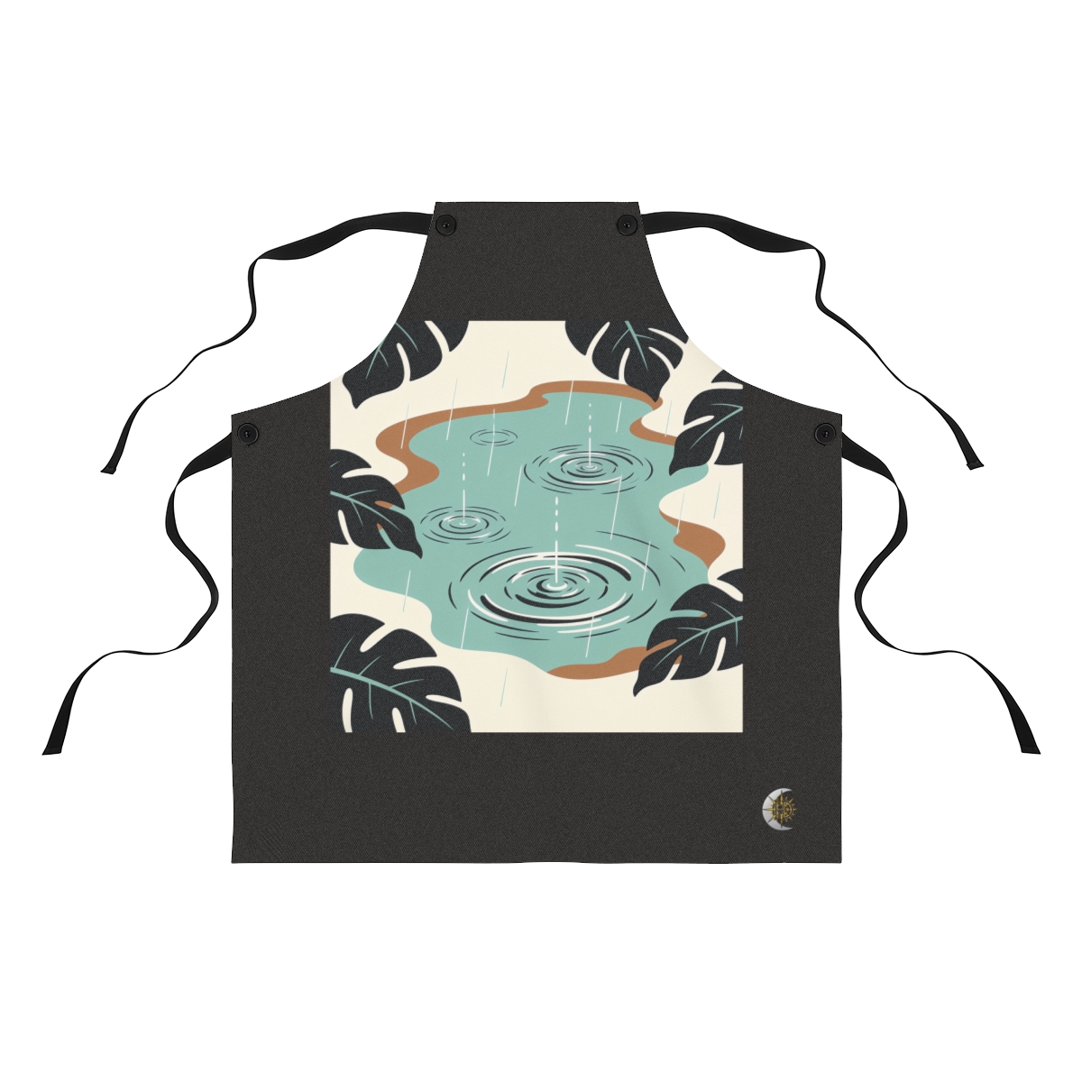 HD Rain rings on water framed by overlapping leaf silhouettes Polyester Kitchen Apron